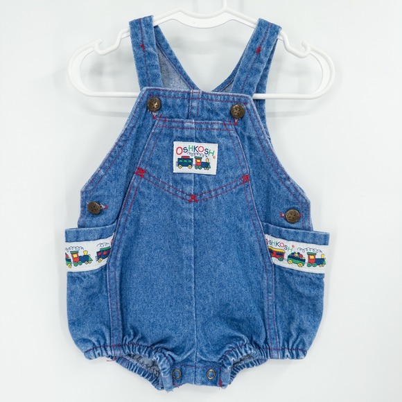 OshKosh B'gosh Other - Vintage 90s OshKosh B'gosh Denim Bubble Overalls Baby 12M Train Vestbak Romper